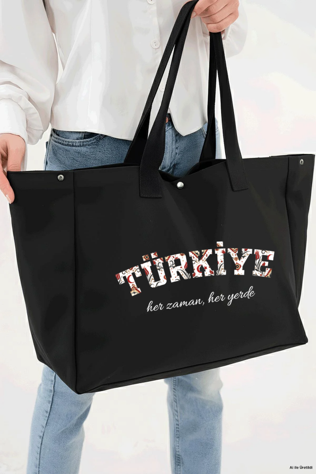 MİLLİ TAKIM SİYAH TÜRKİYE HER ZAMAN HER YERDE BASKILI ÇITÇITLI KANVAS BEZ ÇANTA